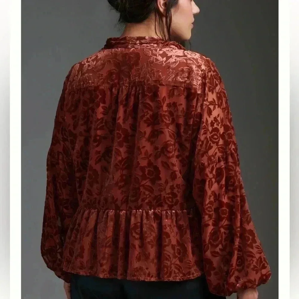 Anthropologie Burnout‎ Velvet Tie-Neck Oversized Blouse whimsiGoth Peplum Sz S